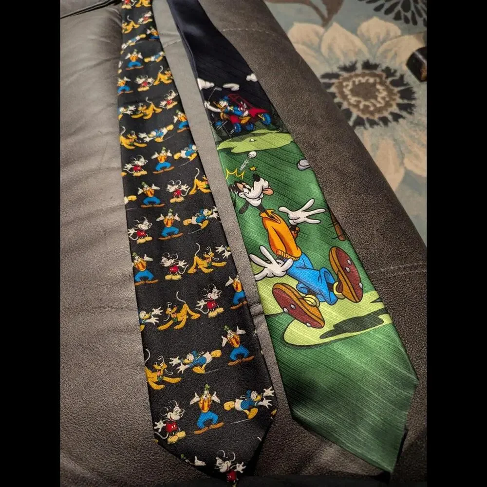 Set Of 2 Vintage Mickey Unlimited Ties/Mickey Mouse/Goofy/Disney/Silk/Polyester